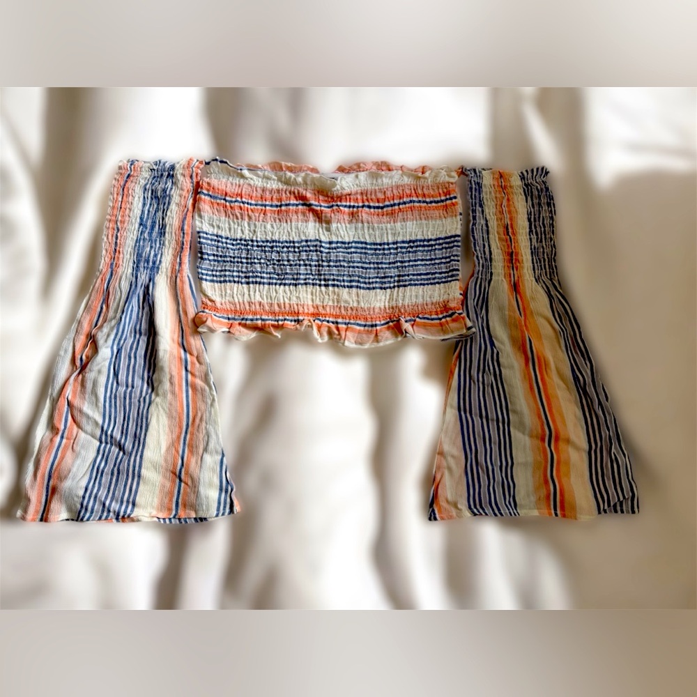 KIWI & PUNCH Striped Off-Shoulder cropped Top Size M balloon sleeves boho beach